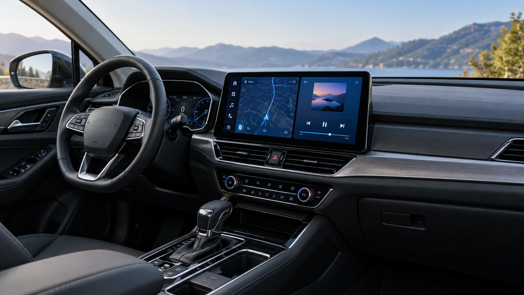 Monitor multimediale di grandi dimensioni installato sulla plancia dell’auto